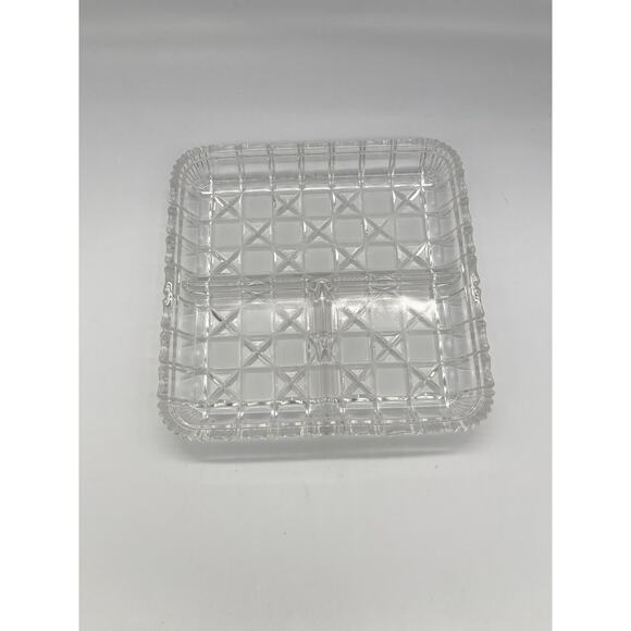 Vintage Indiana Glass Clear Block & Stars 3 Part Square Relish Dish 7” - Picture 3 of 5